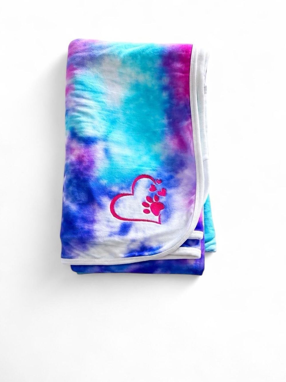 Tie-Dye Pajama Fabric Blanket with Heart Paw Embroidery - Blue/Purple/Pink